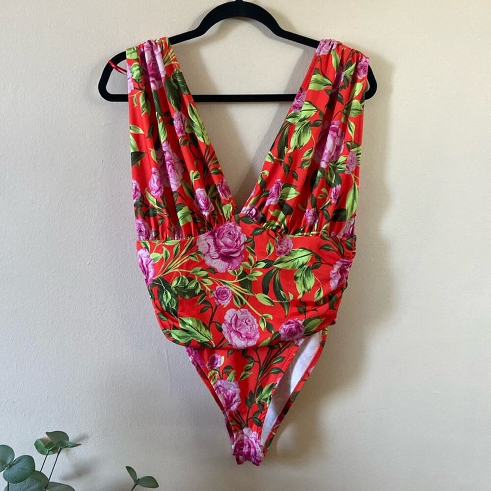 New Zara Orange Pink Roses Tropical Floral V- Neck Open back Bodysuit suit Small - Picture 2 of 7